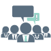 icon 5 people in a row with 2 speech bubbles above, exclamation mark in the response bubble
